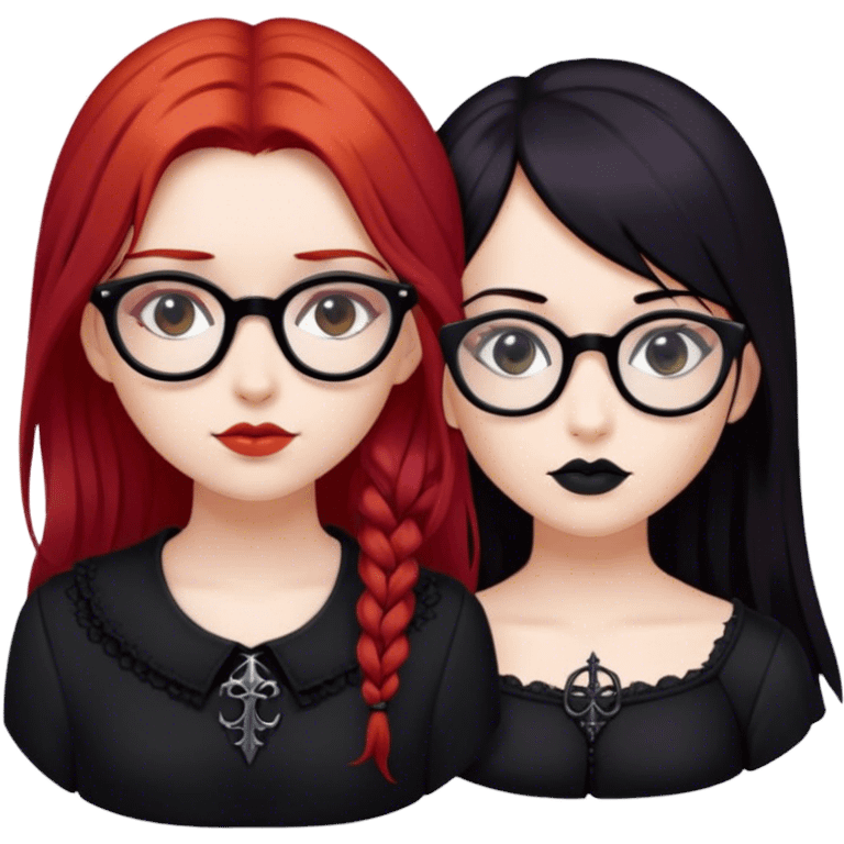 red hair girl, glasses and gothic with a black haired girl, basic emoji