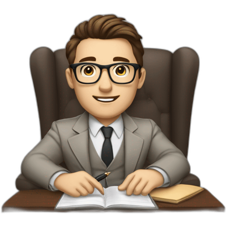 Pale skinned Fit Man With dark brown hair in gray jacket, beige office shirt, Brown pants and vintage glasses sitting In a soft chair with a notebook with emblem Ψ and a pen in his hands emoji