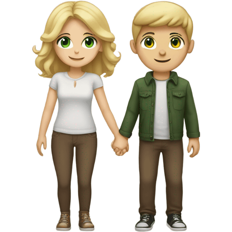 Blond boy with green eyes and brunette girl with brown eyes hold hands in love emoji