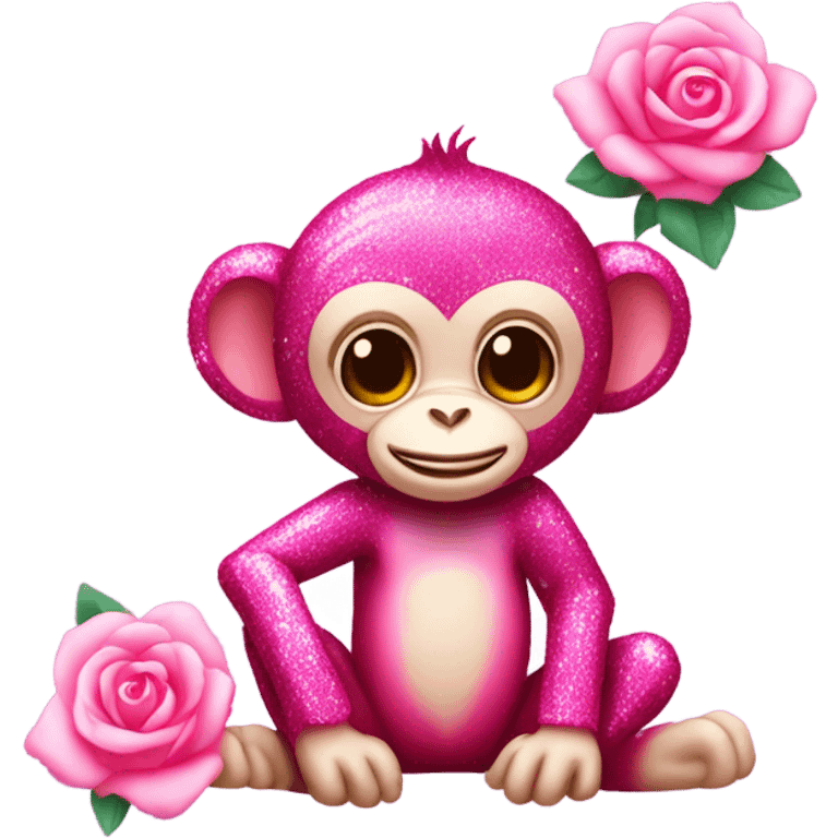 Pink ombre sparkly monkey with roses  emoji