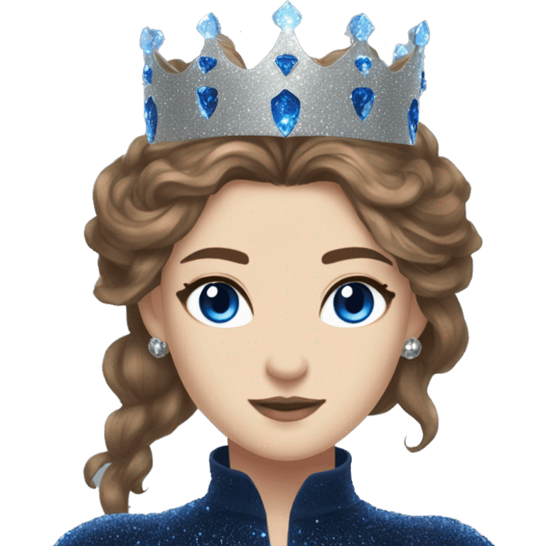 Feyre has brown hair with bright blue eyes and a silver crown on top of her head. She wears a dark blue glitter dress  emoji