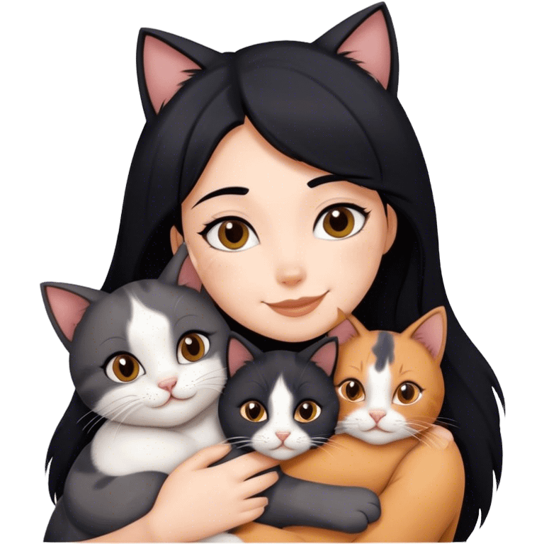 happy girl with black hair hugging three cats  (black cat, gray cat, brown calico cat) emoji