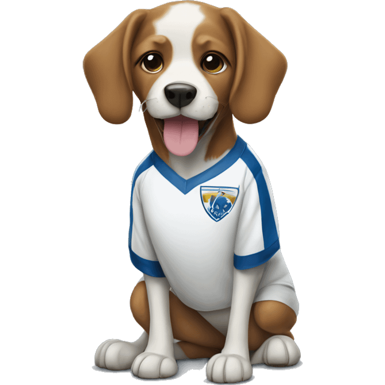 A dog wearing a soccer jersey emoji