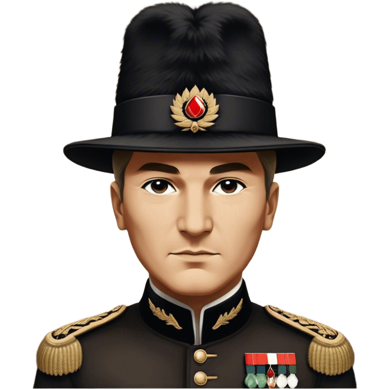 ​Cinematic Realistic Portrait of a Young Mustafa Kemal Atatürk, depicted wearing an iconic tall black fur hat along with traditional attire, his confident, visionary expression illuminated by warm, inspiring lighting, rendered with rich historical textures that capture his youthful dynamism and transformative leadership, emoji