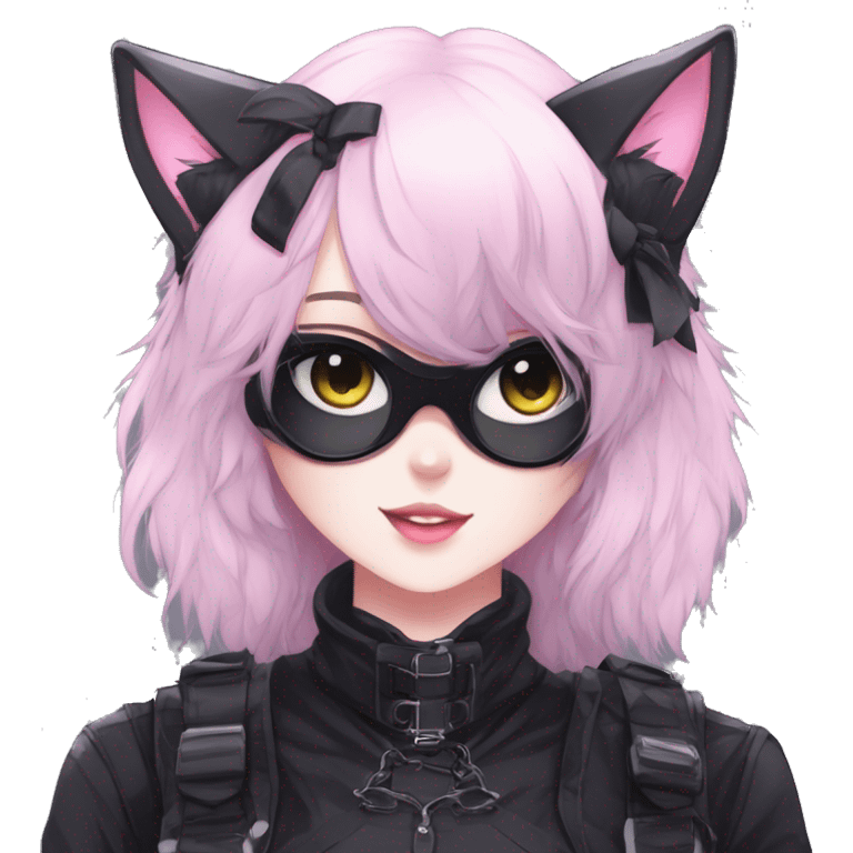 Gorgeous furry gothic dark techwear anime style anthro black cat furry with blushing face aesthetic and pretty edgy black with collar and harness trending style emoji