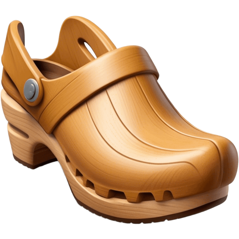 Cinematic Realistic Wooden Clogs Emoji, depicting the classic handcrafted footwear with a smooth, curved design and sturdy wooden soles, rendered with rich textures and warm, natural lighting. emoji