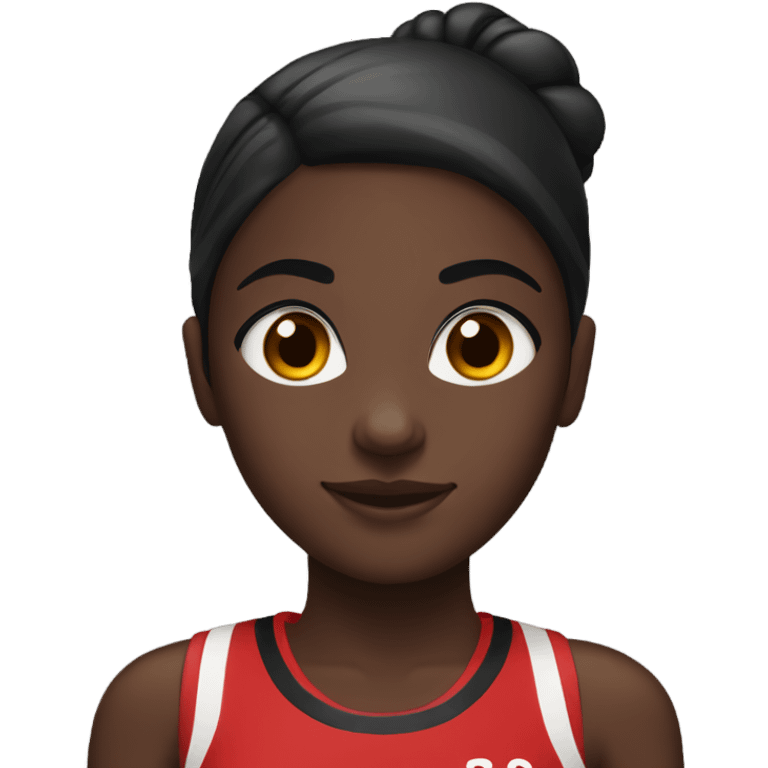 Dark skin girl doing track in a red with and black uniform hair in a low bun  emoji