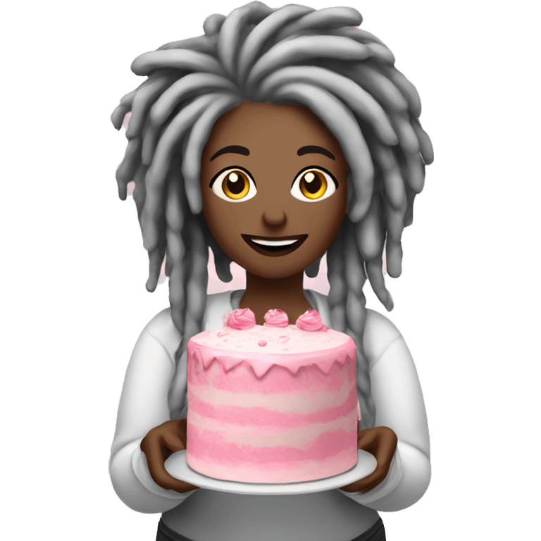 Plus sized fair toned woman with grey dreadlocks making a big pink cake  emoji