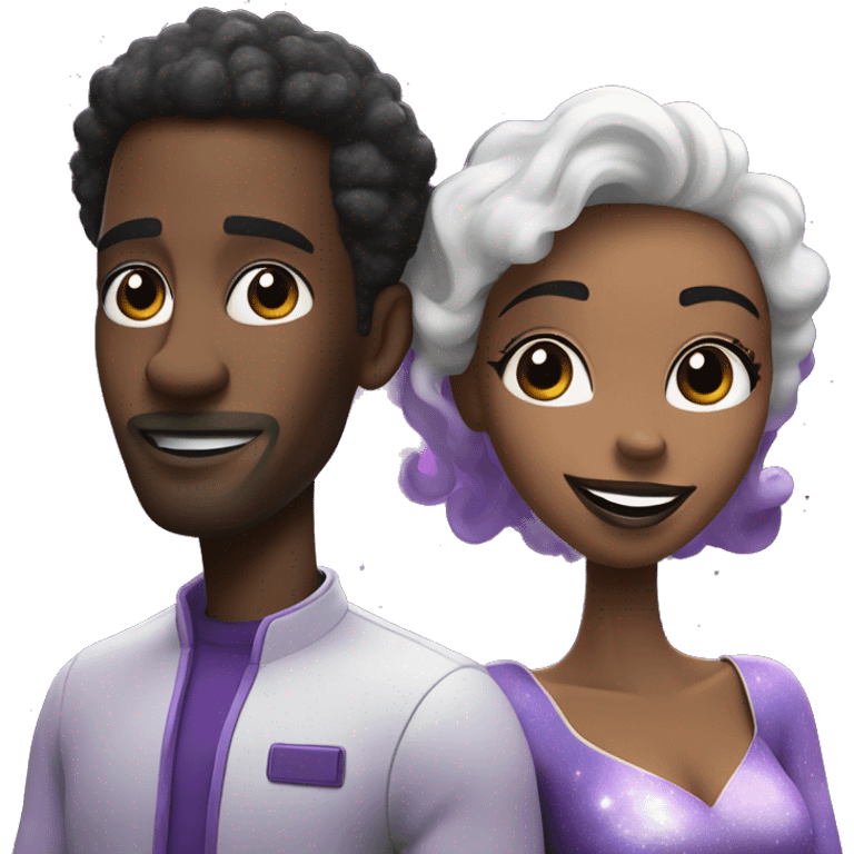 Create a photo of a black man and mixed woman who are married floating in a purple galaxy exploring together and madly in love in the cartoon style of Pixar animation emoji