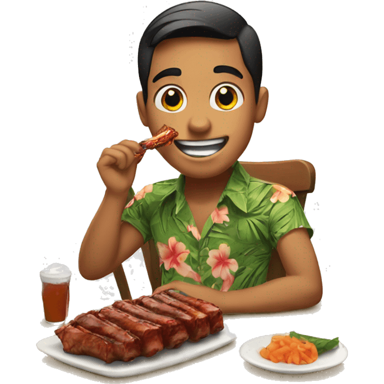 a Hawaiian boy with a bun eating ribs on  a table emoji