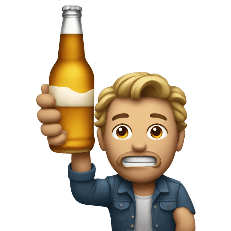 man with crazy face holding a beer bottle and a pint emoji