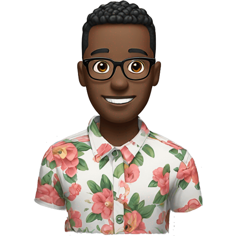 Black man with High top fade and bush eyebrows, floral shirt and glasses with AirPods. Missing 1 front tooth emoji