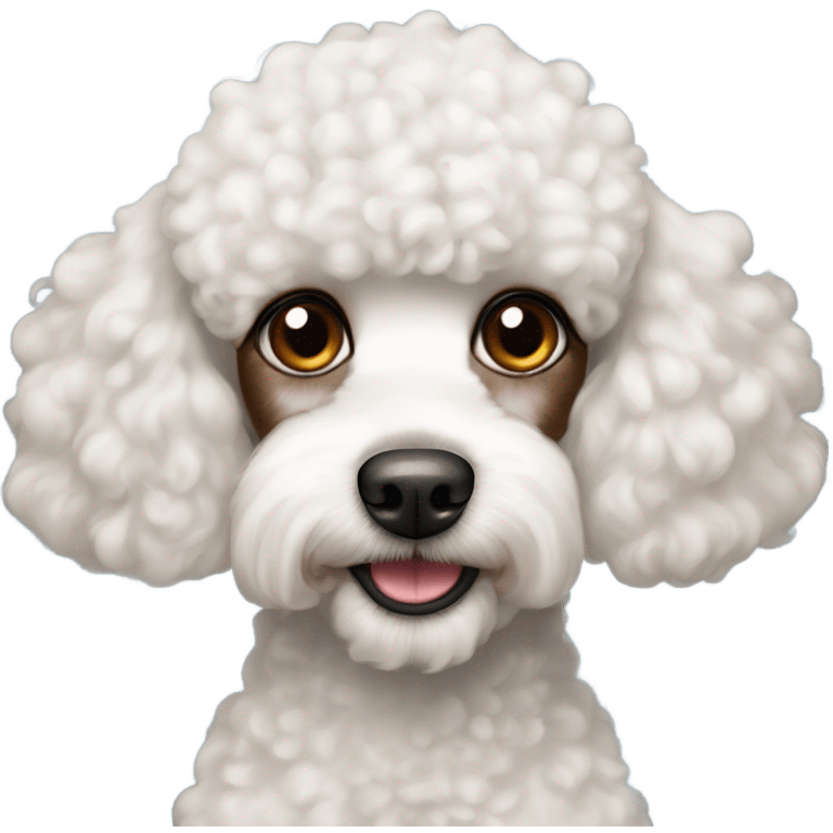 White mini poodle with brown patch of fur around eye emoji