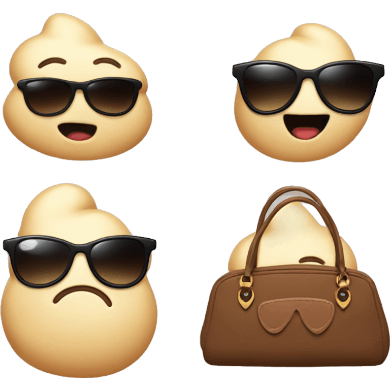 A poop with sunglasses, a kissy face, flipping the bird, and a handbag emoji