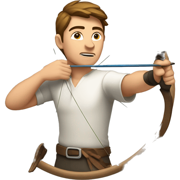 a male archer aiming with a bow looking at his target, wearing a white shirt, brown hair, bright skin, emoji