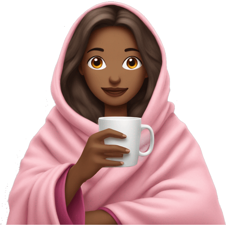 brunette girl in a pink blanket sipping coffee emoji