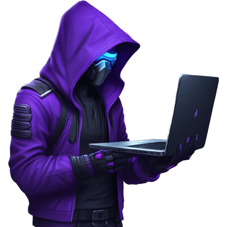 Side view developer behind his laptop with this style : crysis Cyberpunk Valorant neon glowing bright purple character purple violet black hooded assassin themed character emoji