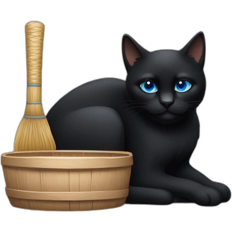 a black cat with blue eyes who sits in a village bathhouse with an oak broom and drinks kvass emoji