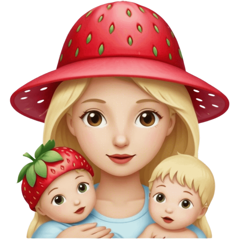 Blond girl with baby wearing strawberry hat emoji