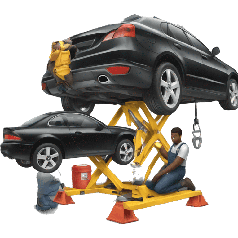 Black mechanic under a car on a lift emoji