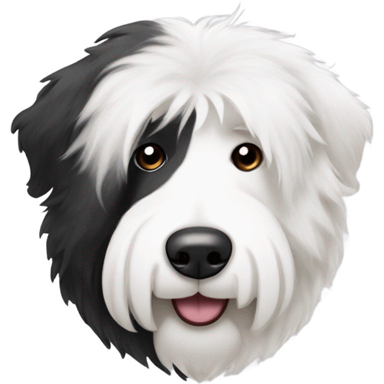 Old English sheepdog face with the left half of his face white and the black half of his face black. White around the mouth and nose emoji