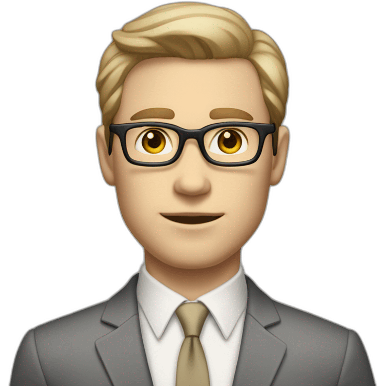 Full height Pale skinned Fit Man With dark brown hair in classic gray suit, beige office shirt, dark gray tie, and vintage glasses. His hands lock emoji