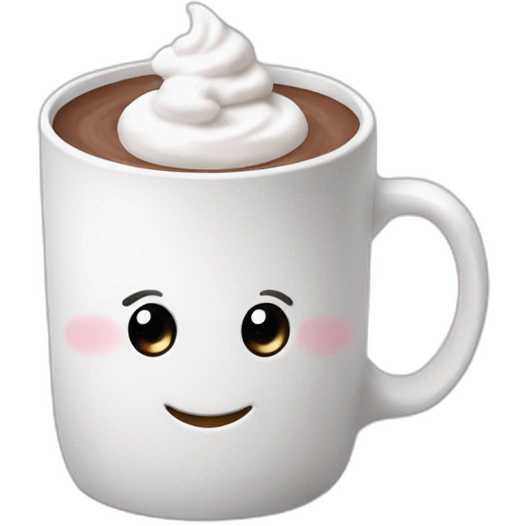 white mug of hot chocolate with marshmallows and whipped cream emoji