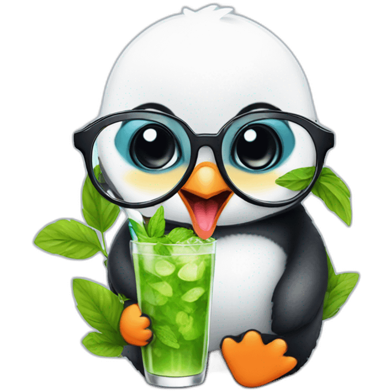 baby penguin with big glasses drinking mojito emoji