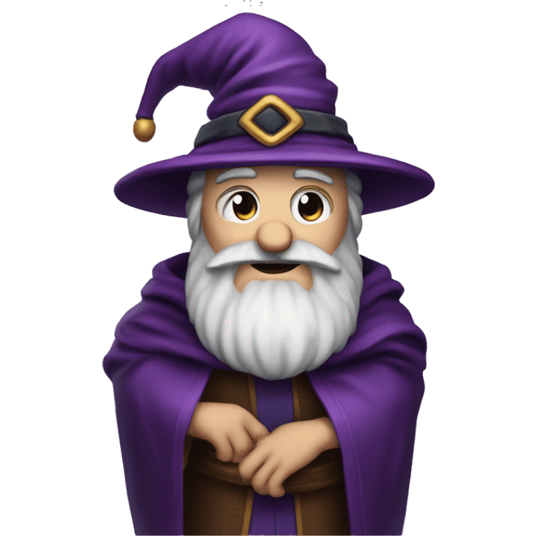 Create an emoji of a wizard. They wizard should have a big dark purple beard. And a magician hat. The wizard should have small cirkels as eyes and a slightly happy expression emoji