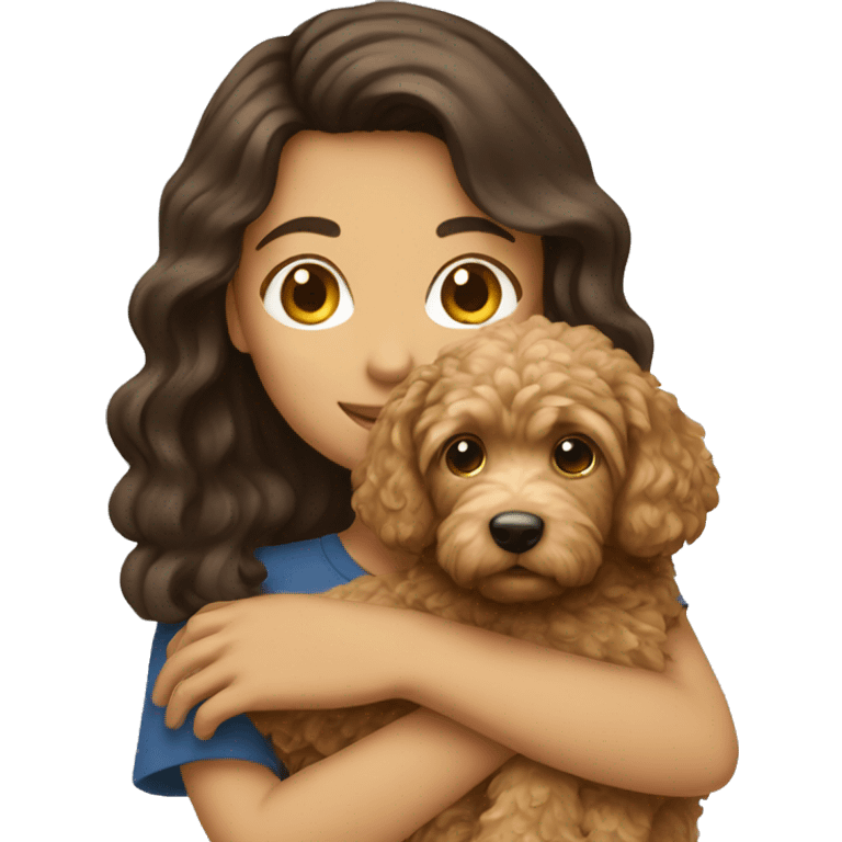 brunette girl holding golden doodle  emoji