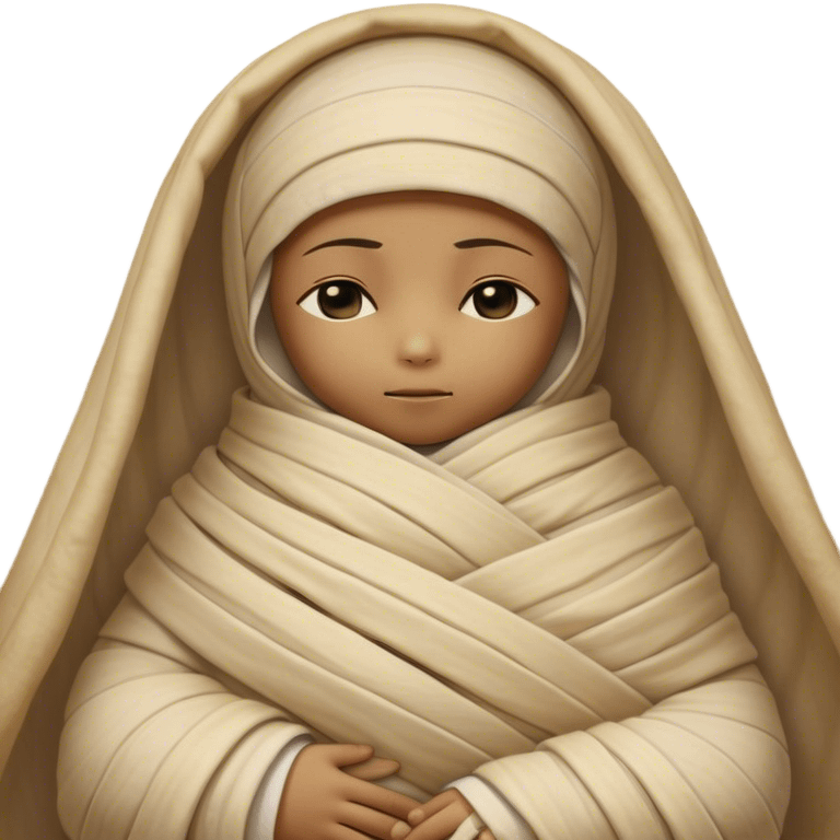 A snug, cozily wrapped mummy, fully encased in soft, slightly loose bandages, even its face gently hidden behind folds with only a tiny glimpse of sleepy eyes, nestled in warm, faded tones with gentle golden accents, simplified yet irresistibly charming, highly detailed with a soft glowing outline capturing the peaceful aura of an ancient being drifting into rest! emoji