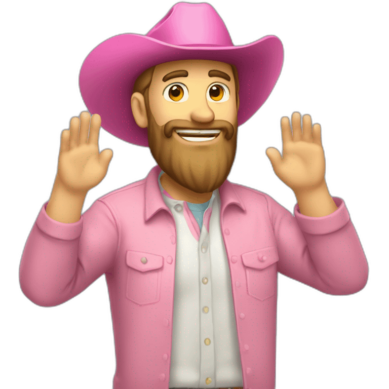 Caucasian guy with a full beard and a pink cowboy hat, greeting someone and tipping the hat emoji