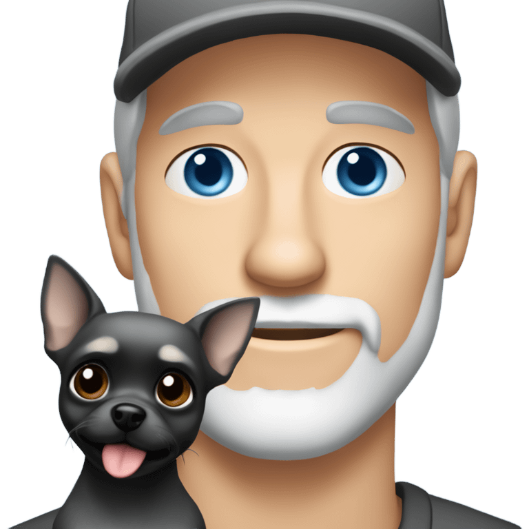 Handsome blue eyed man, with grey hair, and grey goatee beard, wearing ball cap and holding a long haired black chihuahua emoji