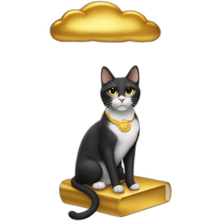 cat secretary sitting on top of the gold cloud emoji