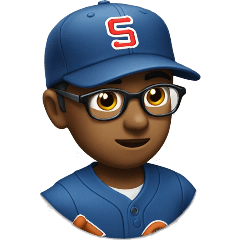 little leaguer wearing thick glasses wearing a baseball cap with an SVS logo on the baseball cap emoji