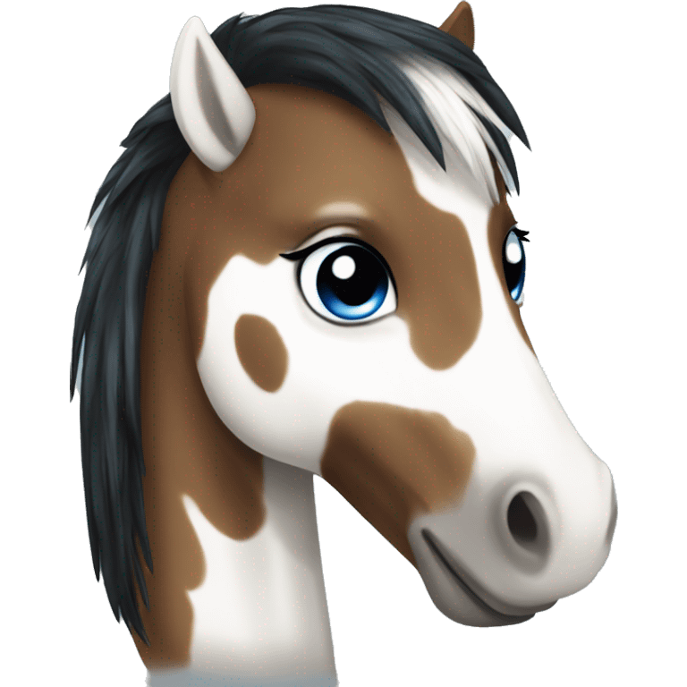 Brown and white spotted pony with black hair and blue eye emoji