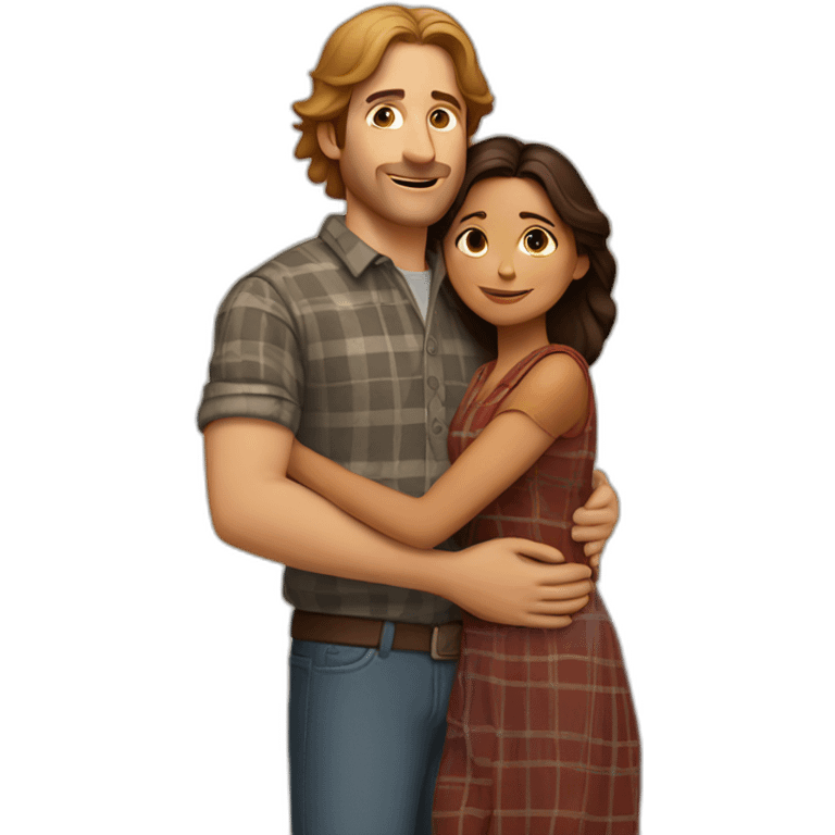 Tall white man with brown hair wearing plaid hugging small Indian woman emoji