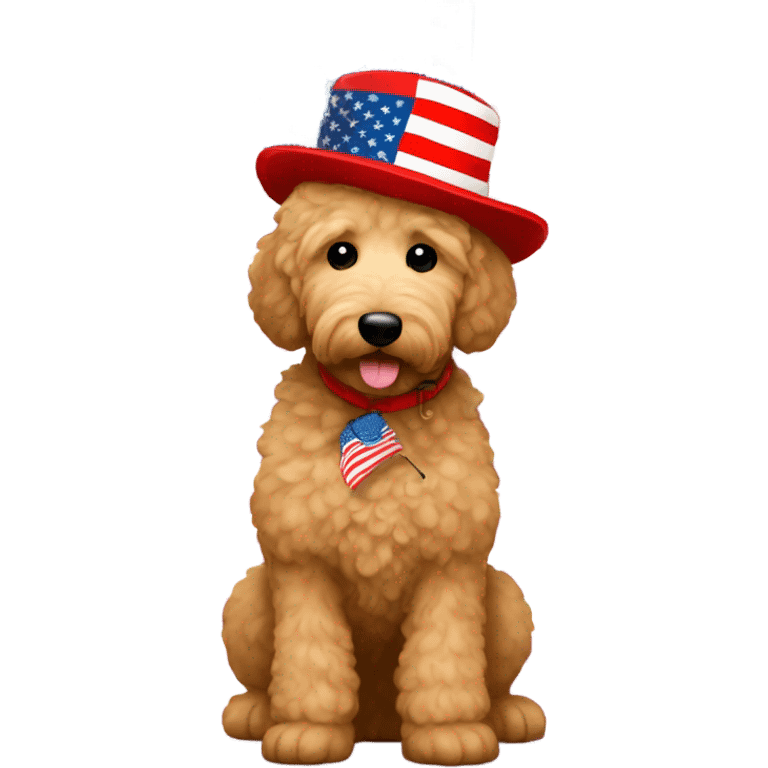 Golden doodle in front of USA flag wearing red hat  emoji