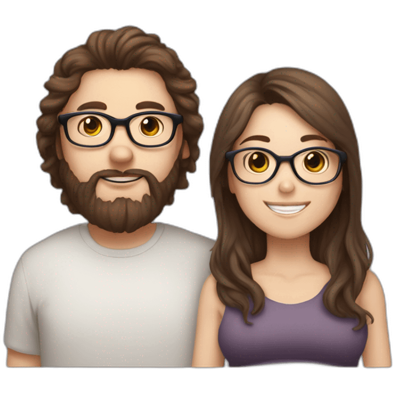 Pregnant girl with half long brown hair with glasses, a boy with long beard, glasses and short hair and english sheepdog emoji