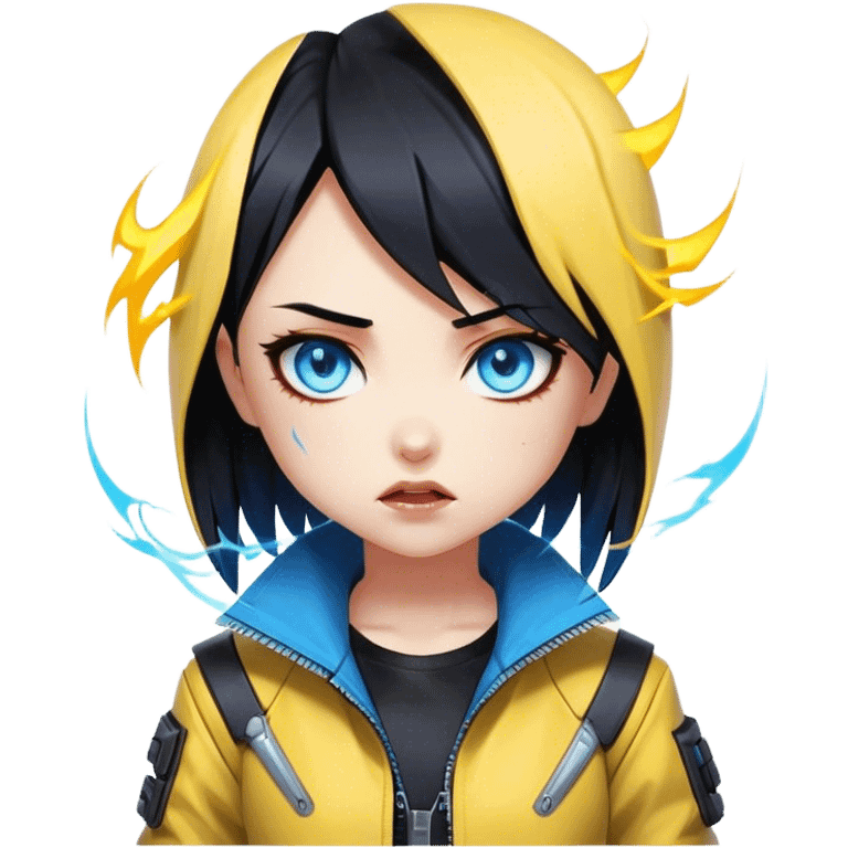 Black hair cyberpunk 2077 chibi girl with blazing blue eyes and yellow jacket from the animation show cyberpunk edge runners. All emotion reactions emoji