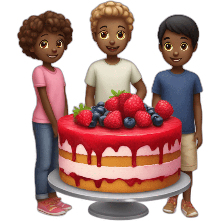 Three black children who eat a trawberry, raspberry and blueberry cake emoji