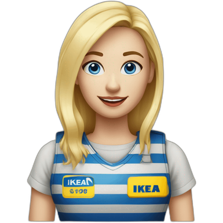 Ikea coworker blue eyes blond woman blue stripes t-shirt and yellow security vest with trolley scan emoji