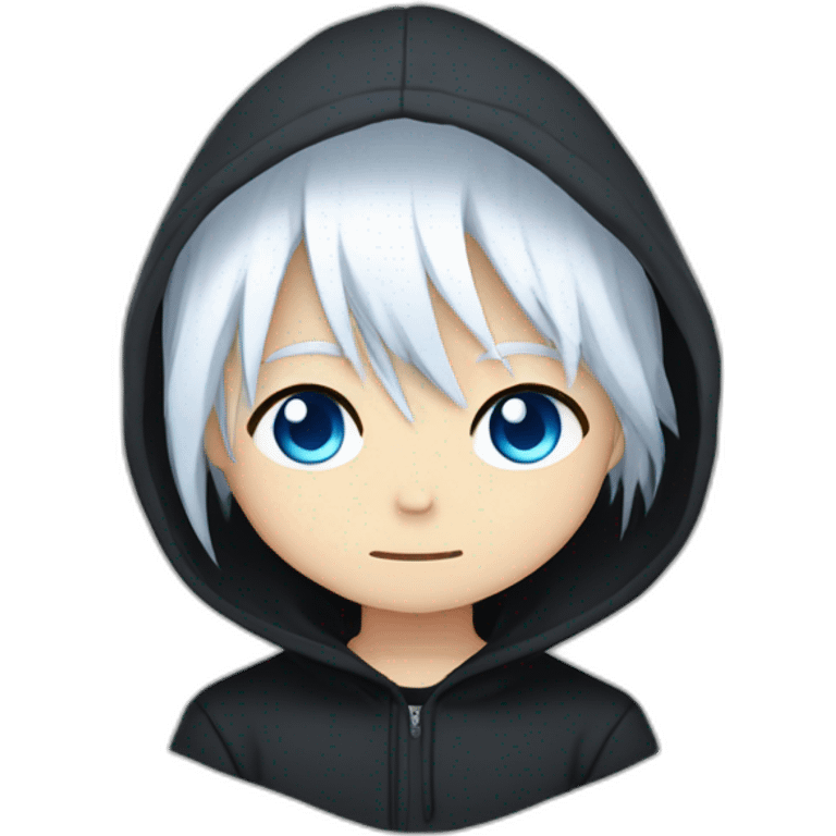 emote for a boy with head and shoulders only, chibi anime style, long straight white hair, blue eyes, black hoodie, sad emoji