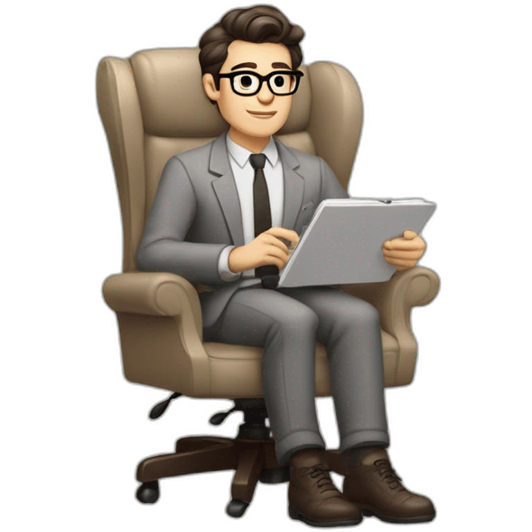 Pale skinned Fit Man With dark brown hair in gray jacket, beige office shirt and vintage glasses sitting In a soft chair with a notebook with emblem Ψ and a pen in his hands emoji