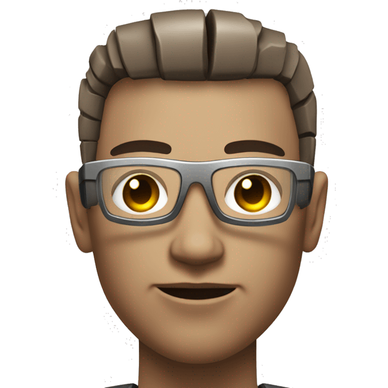 Male cyborg with metallic plated face, brown flat top haircut, glasses and circuitry emoji