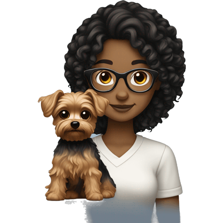 White girl with curly black hair and glasses holding brown Yorkie  emoji