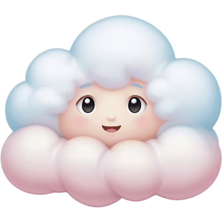 Cinematic tiny snuggly cloud, soft fluffy texture, gentle glowing edges, cute blushing cheeks, floating peacefully in a pastel sky, warm and dreamy. emoji