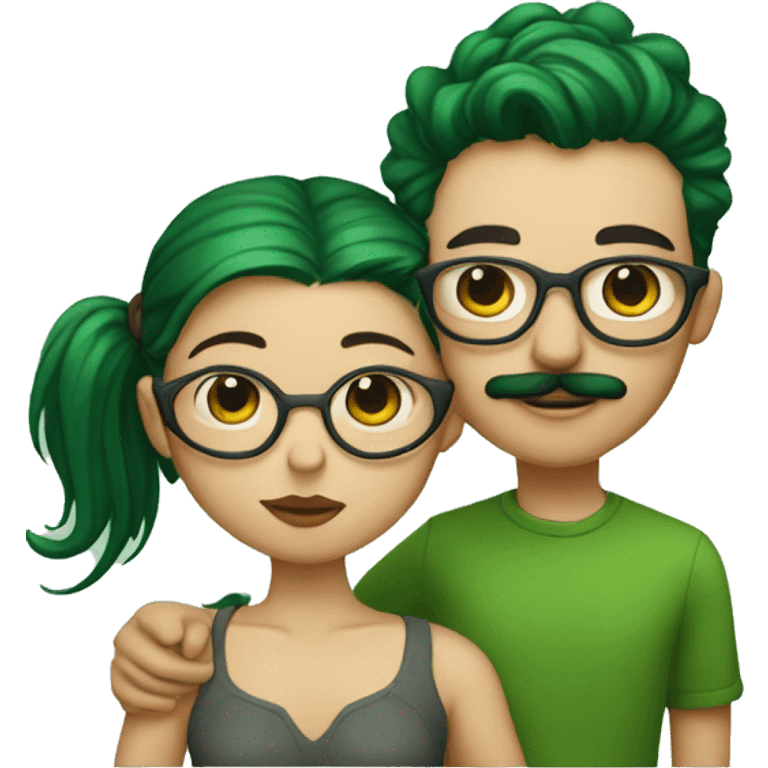 A heavy set boy with brown hair and a mustache is kissing a green haired girl who is thin and wearing glasses both have tattoos emoji