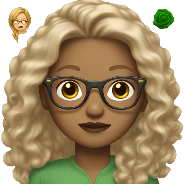 A girl with green eyes, dark blonde Long Hair, round Rosegold glasses, Long lashes, light skintone,  emoji