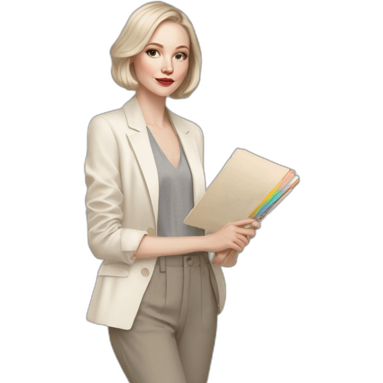 pale skin woman with ash blonde Straightened bob Hair, White Spacious classical jacket, beige palazzo Arrow pants and gray blouse holding a color palette in the hands emoji